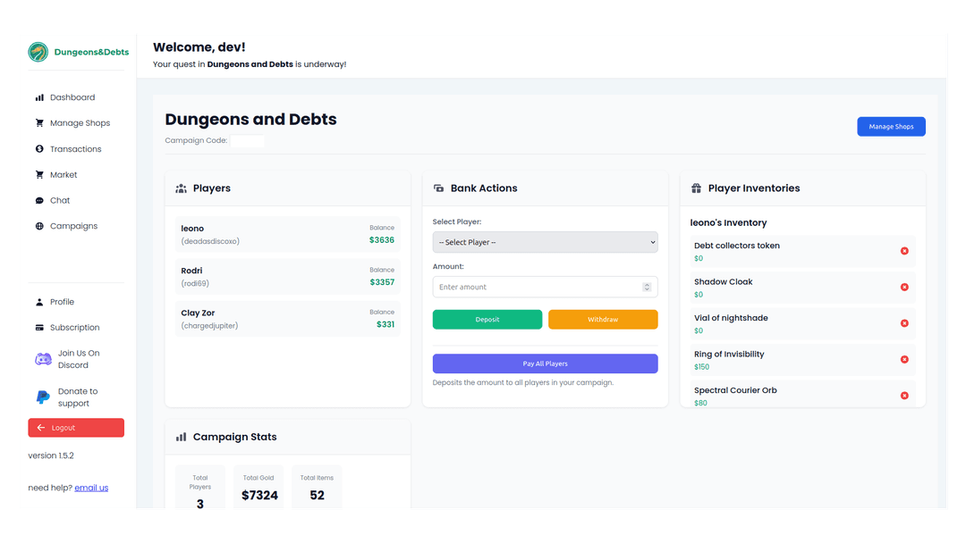 Dungeons & Debts Dashboard